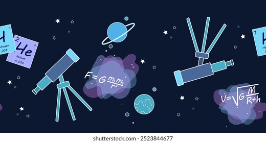 Astronomical seamless border with telescope, planets, nebula and stars on a blue background. Vector illustration for school supplies, wrapping.