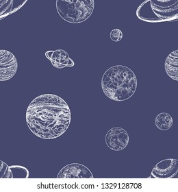 Astronomical seamless pattern with planets and other planetary bodies in outer space. Backdrop with celestial objects drawn in vintage dot art style. Vector illustration for wallpaper, textile print.