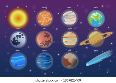 Astronomical set of Solar system planets: the Sun, Mercury, Venus, Earth, Moon, Mars, Jupiter, Saturn, Uranus, Neptune, Pluto and comet on the background of space with stars. Astronomy galaxy set