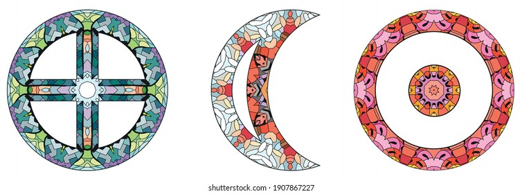 Astronomical signs, astrology concept art. Tattoo design. EARTH, MOON and SUN