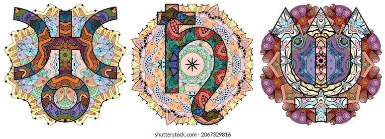Astronomical signs with mandalas, astrology concept art. Tattoo design. NEPTUNE, SATURN and URANUS. Astrology concept.