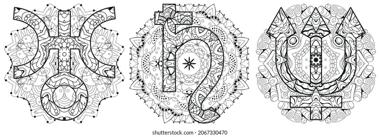 Astronomical signs with mandalas, astrology concept art. Tattoo design. NEPTUNE, SATURN and URANUS for coloring. Astrology concept.