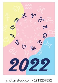 Astronomical, Starry, Minimalist and Modern 2022 calendar design with zodiac signs. Week starts on Sunday. Name of the month in 3 languages: English, Russian, Ukrainian