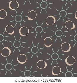 Astronomical sun and circles shapes on dark background. Boho style seamless pattern grey.
