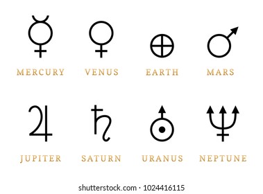 Astronomical symbols illustration of eight planets. Signs of Solar planetary system in vector. 