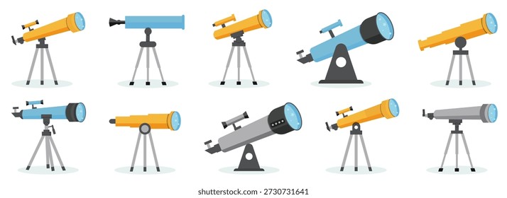 Conjunto de ilustração de telescópio astronômico em estilo plano. Diferentes tipos de telescópios em tripés e montagens
