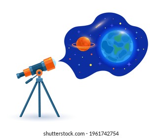 An astronomical telescope looks into space. Space. Planets, stars and comets through a telescope. Vector flat illustration