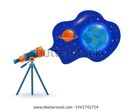 An astronomical telescope looks into space. Space. Planets, stars and comets through a telescope. Vector flat illustration