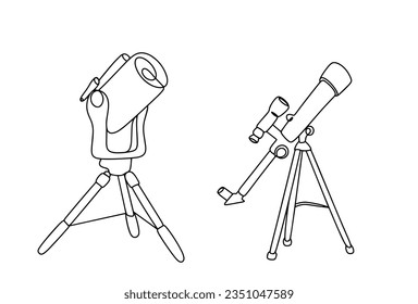 Astronomisches Teleskop. Beobachtung astronomischer Objekte. Internationaler Astronomietag. Eine Zeilenzeichnung für verschiedene Verwendungszwecke. Vektorgrafik.