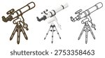 Astronomical telescope. Refracting telescope. Equatorial mount. Vector illustration.