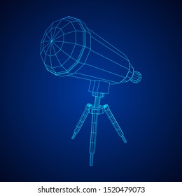 Astronomical telescope scientific instrument for exploring and discovering. Wireframe low poly mesh vector illustration.