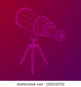 Astronomical telescope scientific instrument for exploring and discovering. Wireframe low poly mesh vector illustration.