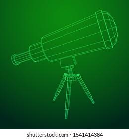 Astronomical telescope scientific instrument for exploring and discovering. Wireframe low poly mesh vector illustration.