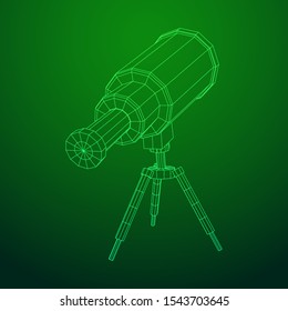 Astronomical telescope scientific instrument for exploring and discovering. Wireframe low poly mesh vector illustration.