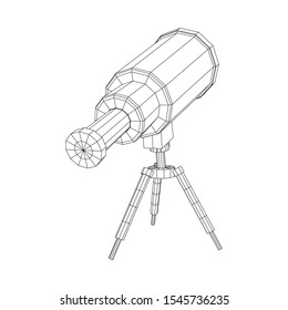 Astronomical telescope scientific instrument for exploring and discovering. Wireframe low poly mesh vector illustration.