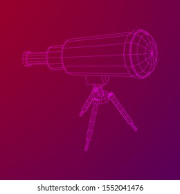 Astronomical telescope scientific instrument for exploring and discovering. Wireframe low poly mesh vector illustration.