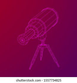 Astronomical telescope scientific instrument for exploring and discovering. Wireframe low poly mesh vector illustration.