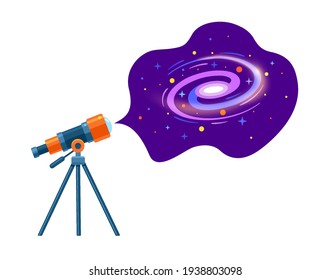 Astronomical telescope tube, space and galaxy. Dome of the Astronomical Observatory. Astronomical space. A look through a telescope at planets, stars and comets. Vector flat illustration