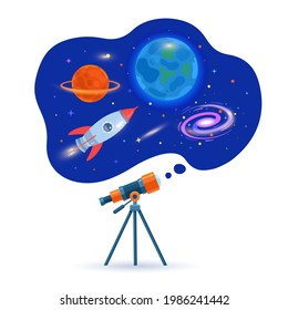 Tubo de telescopio astronómico, espacio, galaxia, planetas y cohetes voladores. Espacio astronómico. Miren los planetas, las estrellas y los cometas a través de un telescopio. Ilustración plana del vector