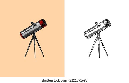 Telescopio astronómico, vintage, grabado a mano en sketch o corte de madera, instrumento científico retro de aspecto antiguo para explorar y descubrir Galileo Galilei