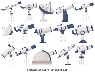 Astronomical telescopes isolated set with radio, orbital item, satellite dish, portable equipment for stars, space, planet and other cosmic bodies discovery, observation, studying vector illustration