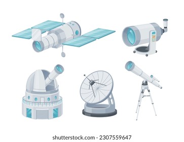 Astronomical telescopes radio orbital optical lens for cosmic observation set isometric vector illustration. Scientific universe satellite planetarium discovery galaxy planet magnify watching