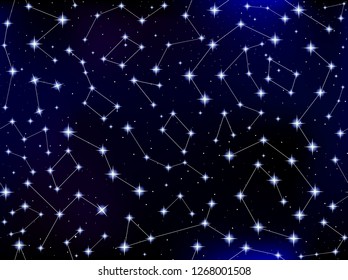 Astronomical vector decorative seamless pattern with handwritten stars and constellations