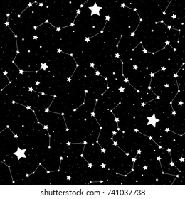 Astronomical vector seamless pattern with handwritten stars and constellations. You can use any color of background