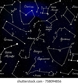 Astronomical vector seamless pattern with handwritten constellations on starry space sky