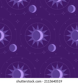 Astronomical wallpaper. Sun and crescent. Flat style. mystical seamless pattern.