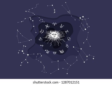 Astronomically true constellations of the zodiac circle and their astrological symbols. Dark blue sky in cute cartoon style