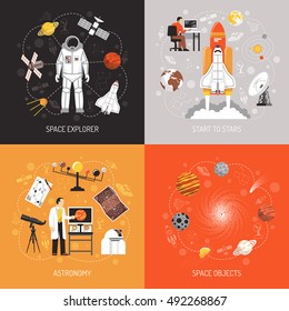 Astronomy 2x2 design concept with cosmonaut spacesuit space explorer elements and space objects images flat vector illustration  