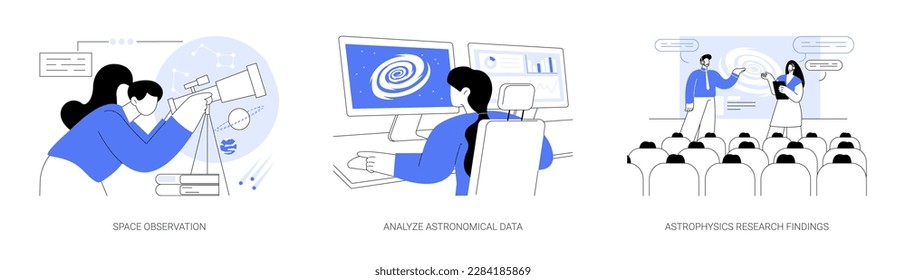 Conjunto de ilustraciones vectoriales de concepto abstracto astronómico. Observación espacial con telescopio, análisis de datos astronómicos en laboratorio, hallazgos de investigación astrofísica, metáfora abstracta de la ciencia espacial.