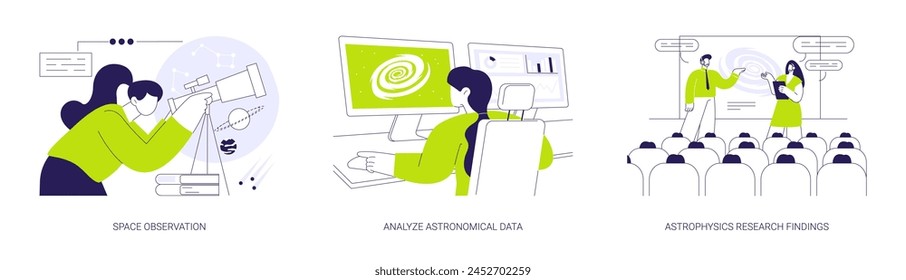 Astronomy abstract concept vector illustration set. Space observation with telescope, analyze astronomical data in laboratory, astrophysics research findings, space science abstract metaphor.