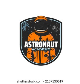 Astronomy academy and space icon with vector spaceman in spacesuit and helmet, Earth planet, galaxy universe stars and asteroid. Astronomy education and astronaut training center retro badge or patch