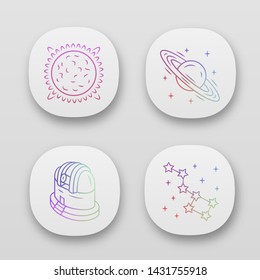 Astronomy app icons set. Space exploration. Sun, Saturn, observatory, constellation. Astrophysics, astrology. UI/UX user interface. Web or mobile applications. Vector isolated illustrations