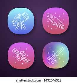 Astronomy app icons set. Space exploration. Telescope, Solar System, artificial satellite, rocket. Astrophysics. UI/UX user interface. Web or mobile applications. Vector isolated illustrations