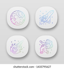 Astronomy app icons set. Space exploration. Earth, spaceship, comet, astronaut. Astrophysics. Cosmic mission. UI/UX user interface. Web or mobile applications. Vector isolated illustrations