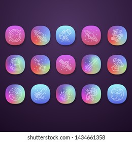 Astronomy app icons set. Space exploration. Astronomical observations. Starry sky study. Astrophysics, astrology. UI/UX user interface. Web or mobile applications. Vector isolated illustrations