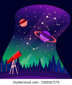 Astronomy or astrology. Explore stars, planetary, galaxy and horoscope with telescope. Zodiac constellations, planets in starry night sky. Space research with astrology methods and science discovery. 