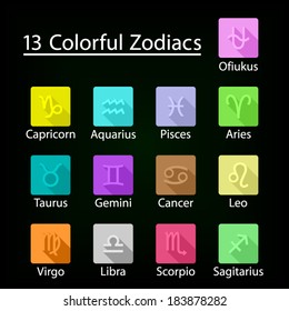 Astronomy, astrology, horoscope, forecast. 13 colorful zodiacs for icon, sign, symbol, etc.