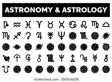 Astronomy and Astrology Icon Set with 50 Glyph Icons.