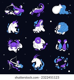 astronomy and astrology signs and symbols, isolated icons of Aries, Taurus and Gemini, Cancer and Leo, Virgo and Libra, Scorpius and Sagittarius, Capricorn and Aquarius, Pisces. Vector in flat style