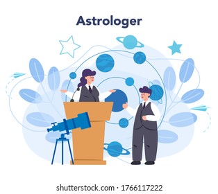 Astronomy and astronomer concept. Professional scientist looking through a telescope at the stars. Astrophysicist study space, stars and planets. Isolated vector illustration