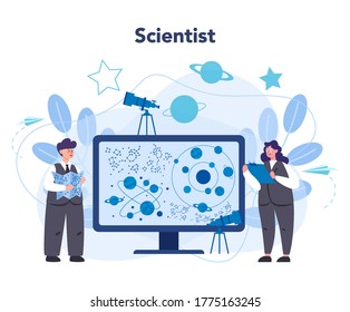 Astronomy and astronomer concept. Professional scientist looking through a telescope at the stars. Astrophysicist study space, stars and planets. Isolated vector illustration