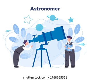Astronomy and astronomer concept. Professional scientist looking through a telescope at the stars. Astrophysicist study space, stars and planets. Isolated vector illustration