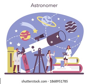 Astronomy and astronomer concept. Professional scientist looking through a telescope at the stars in observatory. Astrophysicist study stars map. Isolated vector illustration