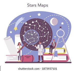 Astronomía y concepto astronómico. Científico profesional mirando a través de un telescopio las estrellas en el observatorio. Mapa de estrellas de estudio astrofísico. Ilustración vectorial aislada