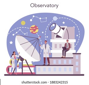 Astronomy and astronomer concept. Professional scientist looking through a telescope at the stars in observatory. Astrophysicist study stars map. Isolated vector illustration