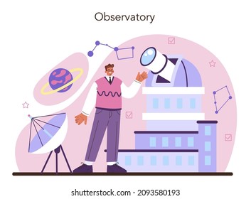 Astronomy and astronomer concept. Professional scientist looking through a telescope at the stars in observatory. Astrophysicist study universe. Flat vector illustration